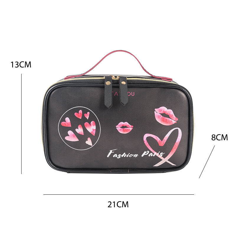 Portable toiletry bag with letter pattern, black synthetic leather, small size, ideal for travel and makeup storage.