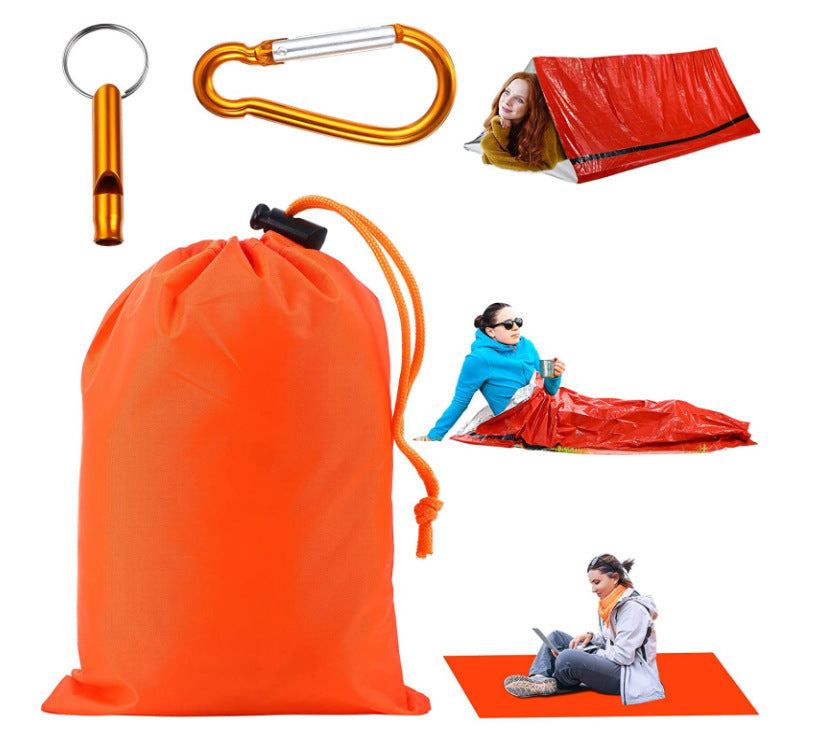 First aid sleeping bag with orange thermal blanket, whistle, and hang buckle, ideal for survival and insulation.