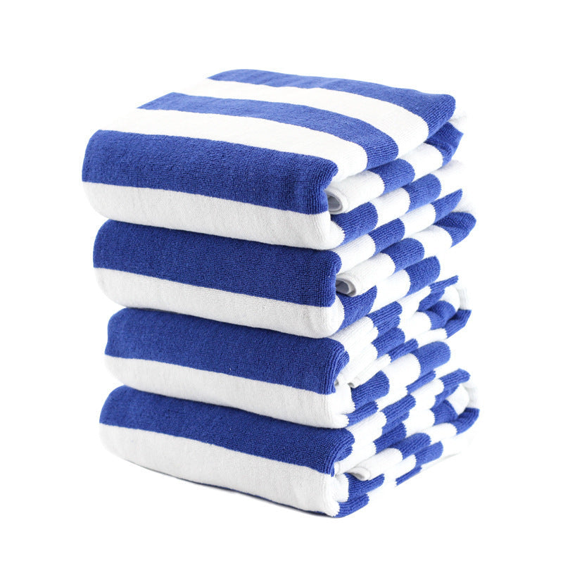 Blue and white striped cotton yarn-dyed jacquard beach bath towel.
