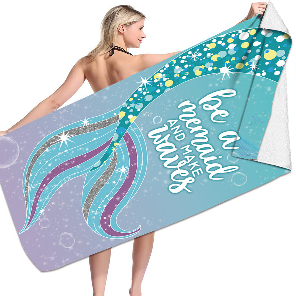 Microfiber bath towel with mermaid design, quick-drying and lightweight.