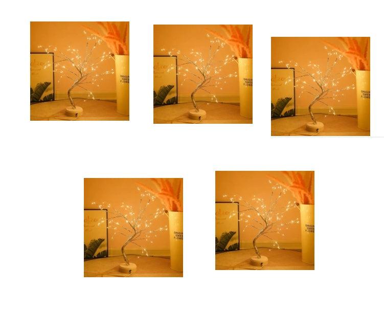 LED copper wire light shaped like a small tree with warm white LED bulbs for bedroom decoration