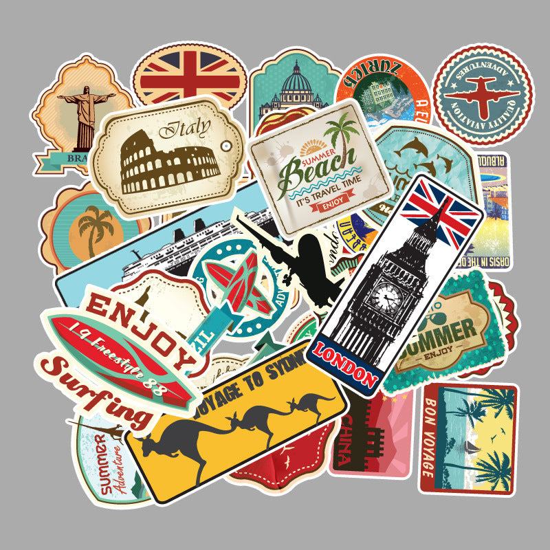 Travel maps doodle stickers with irregular designs and vibrant colors for suitcases and mobile phones.