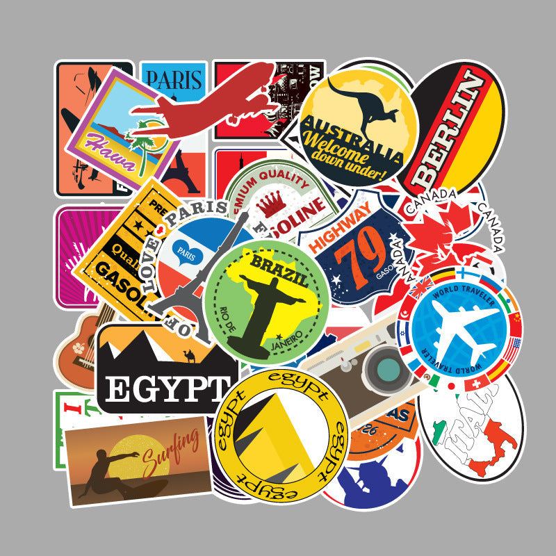 Travel maps doodle stickers for suitcases, mobile phones, and cars.