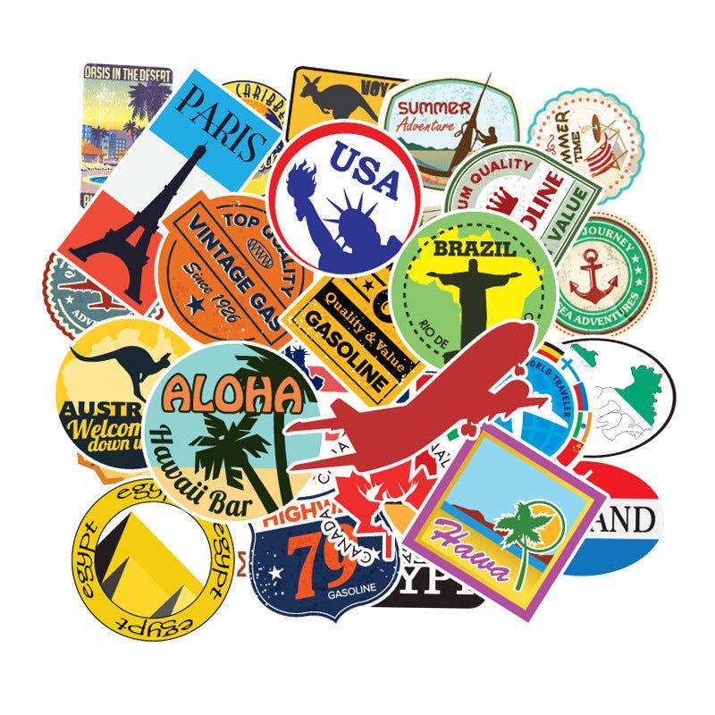 Colorful travel maps doodle stickers for decorating suitcases and mobile phones.