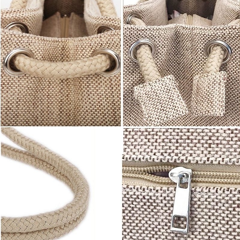 Large capacity Korean style woven cotton shoulder bag with zipper pocket detail.