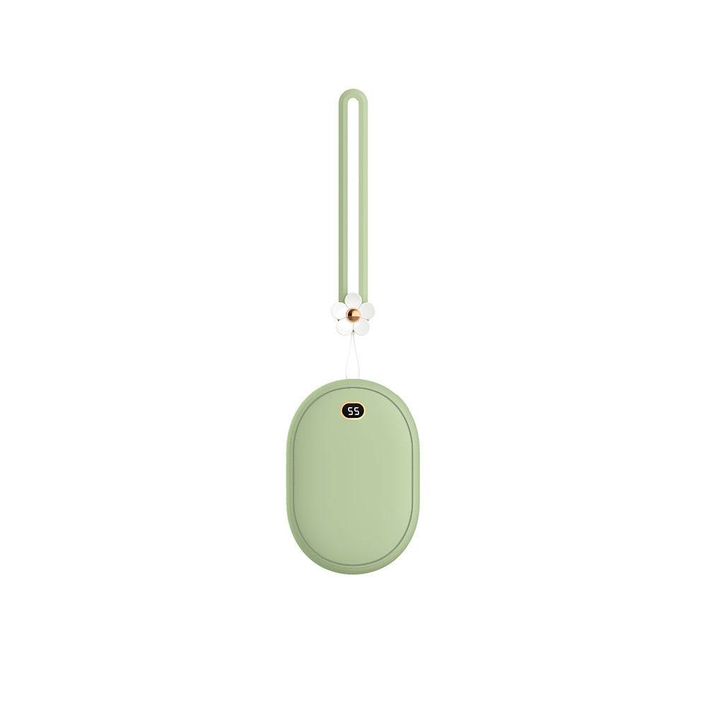 Mini power bank with green ABS+PC+Aluminum alloy casing and strap.