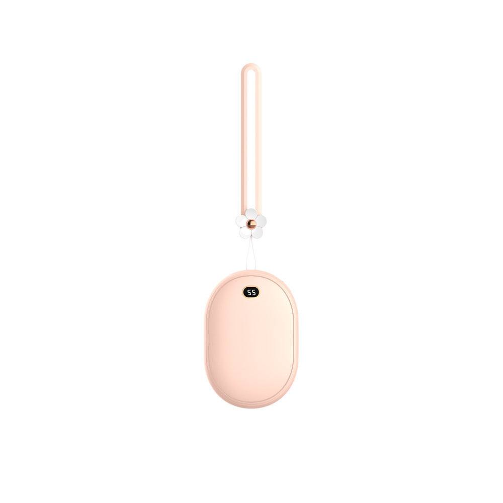 Mini power bank with USB charging, pink design, and digital display.