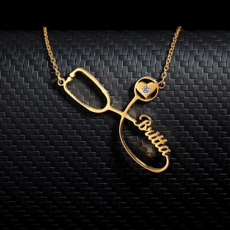 Customized stainless steel stethoscope name necklace, ideal medical profession jewelry gift.