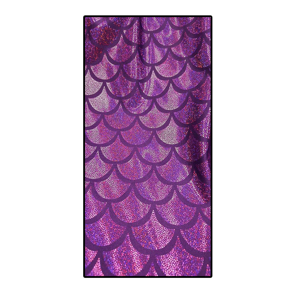 Microfiber bath towel with purple mermaid scale pattern.
