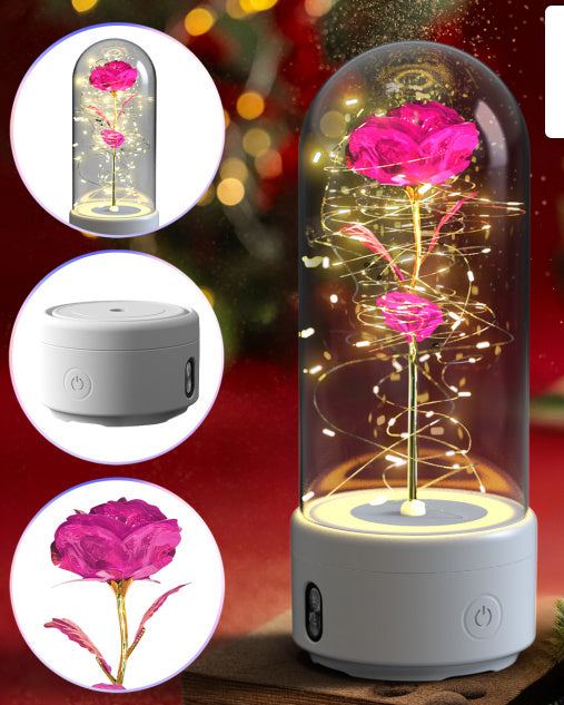 Creative 2 In 1 rose flower LED light and Bluetooth speaker in glass dome for romantic decoration