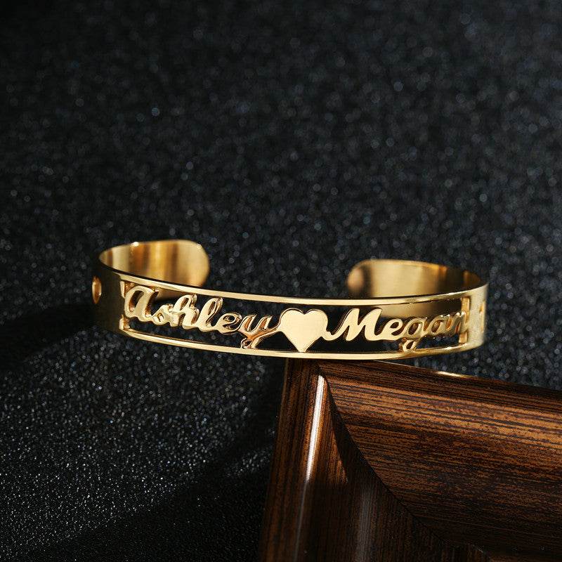 Customized gold name bracelet made of stainless steel.