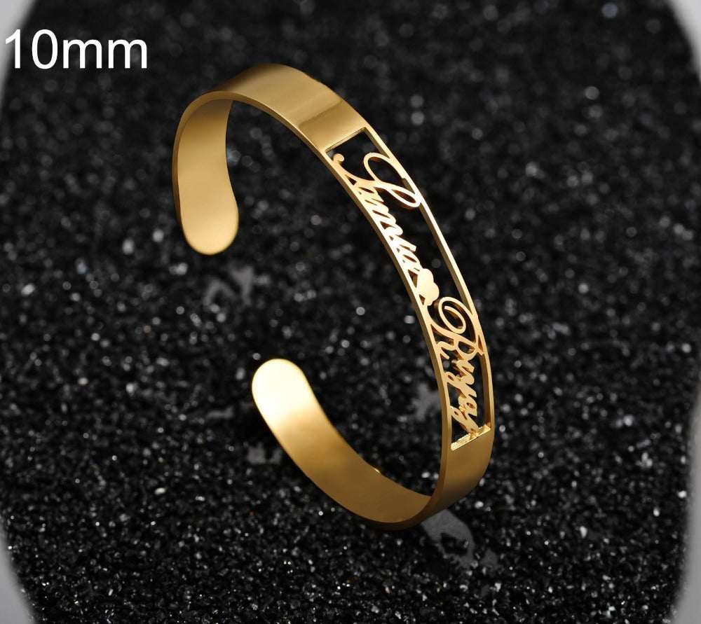 Gold customized name bracelet made of stainless steel.