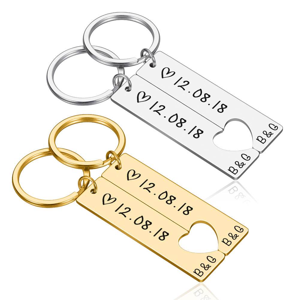 Stainless steel customized couples keychains in silver and gold, engraved with date and initials, perfect anniversary gift.