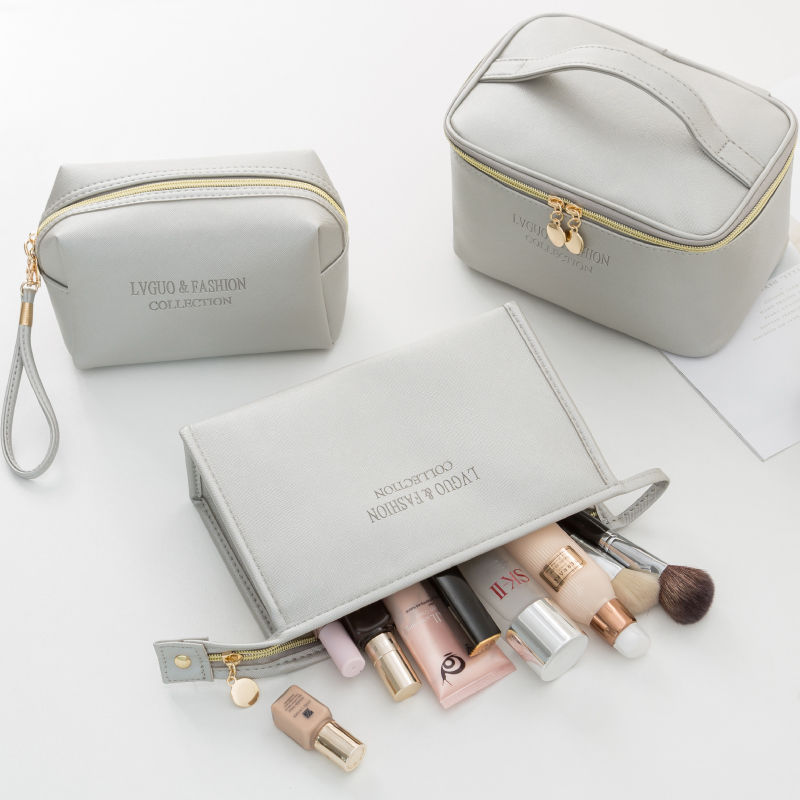Waterproof storage bag set, medium size, PU leather, solid color, with zipper pockets, square shape.