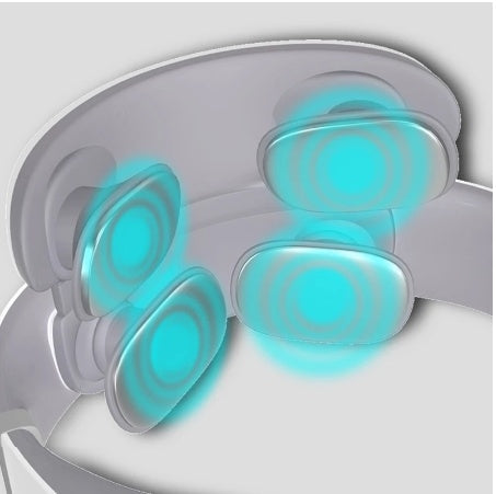 Wireless electronic neck massager with 4D shiatsu nodes and glowing pulse therapy features.