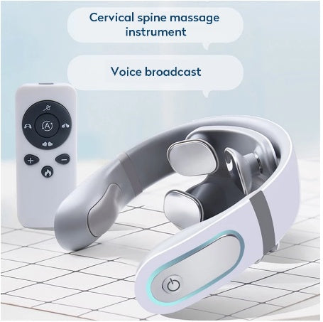 Wireless electronic neck massager with remote control for cervical spine therapy.