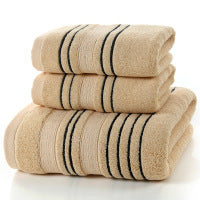 Household pure cotton bath towels in khaki with black stripes, soft and skin-friendly.
