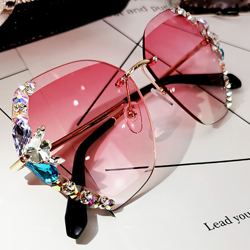 Luxury rhinestone square sunglasses with gradient pink lenses and chic metal temples.