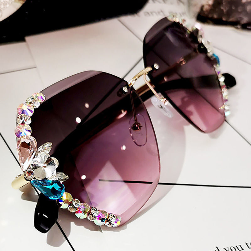 Luxury rhinestone square sunglasses with gradient purple lenses and chic metal temple design.