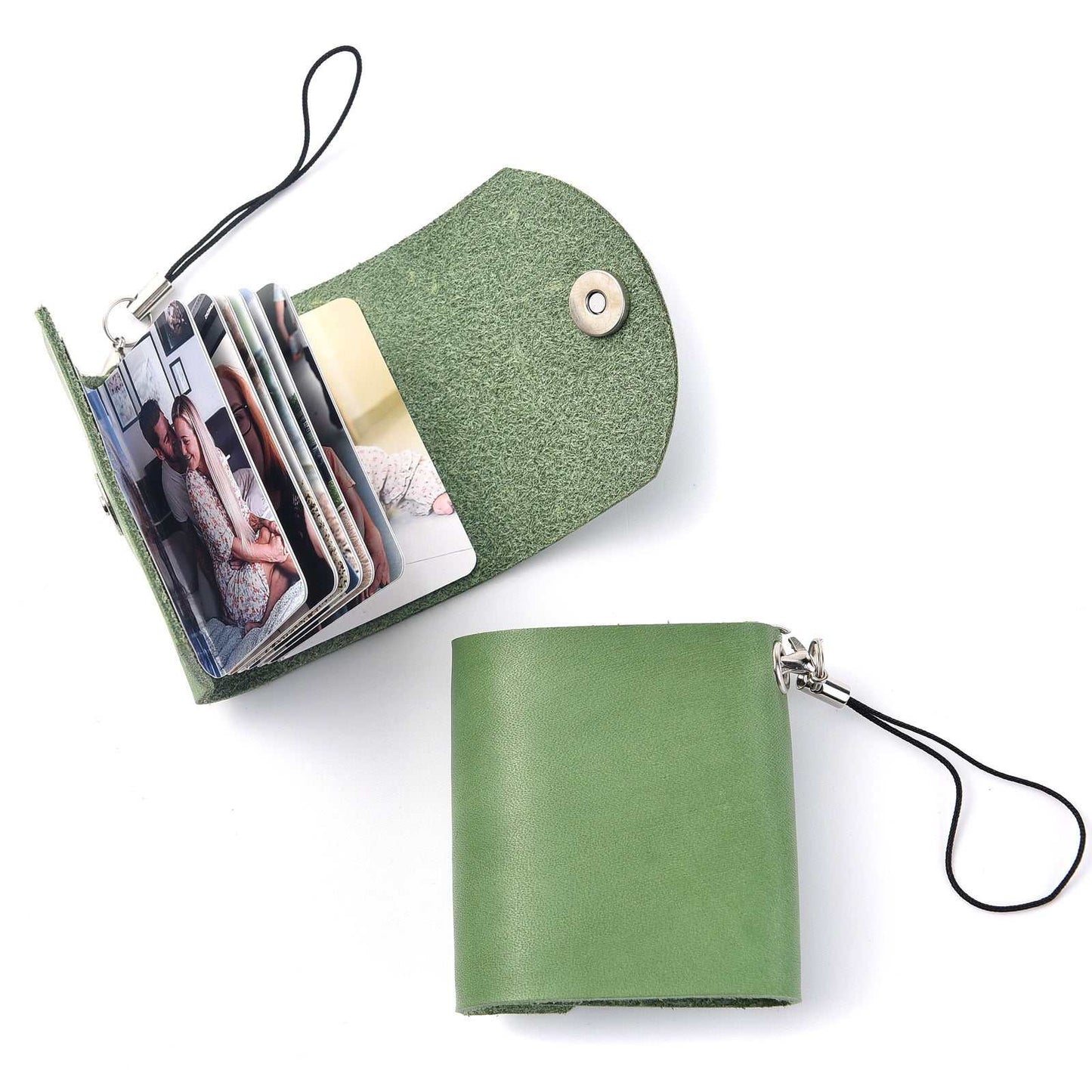 Green leather photo keychain with 10 photo capacity and envelope design.