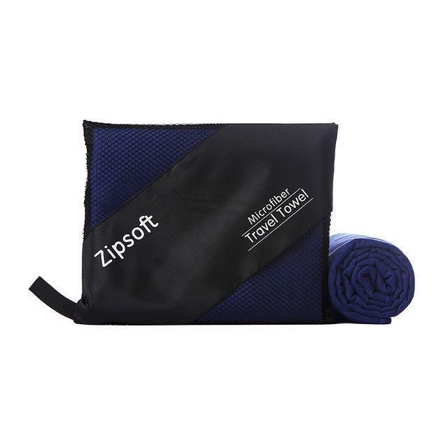 Exercise towel made of superfine polyester fiber with compact travel pouch.