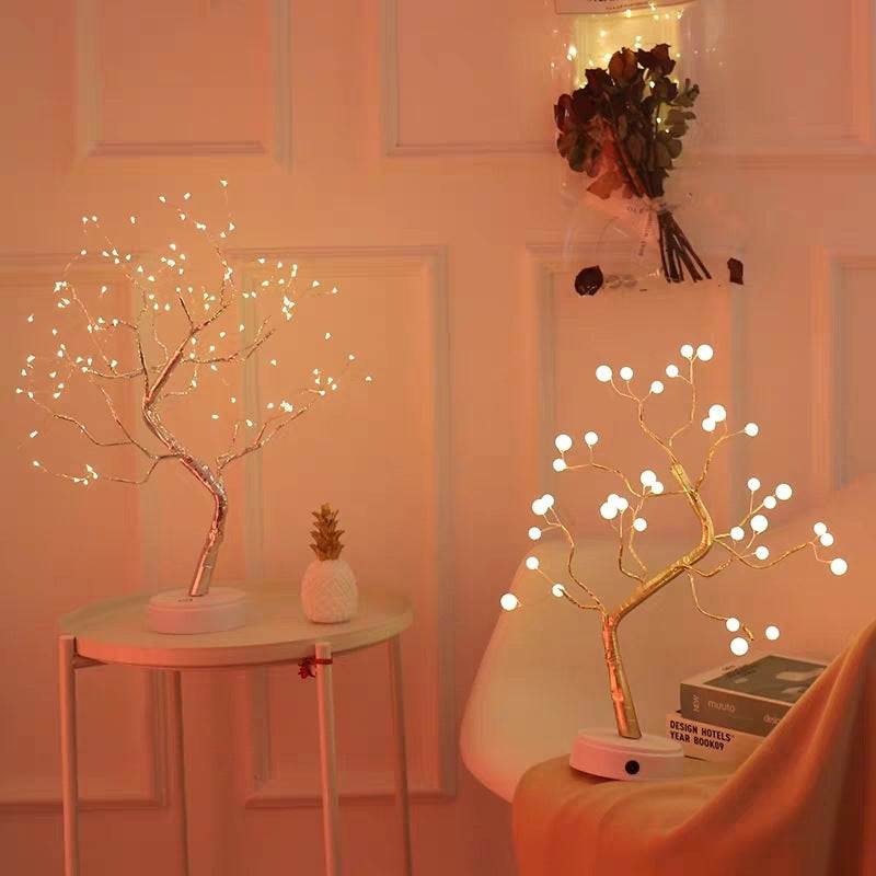LED copper wire light shaped like a decorative tree with warm glowing bulbs on branches for bedroom decor