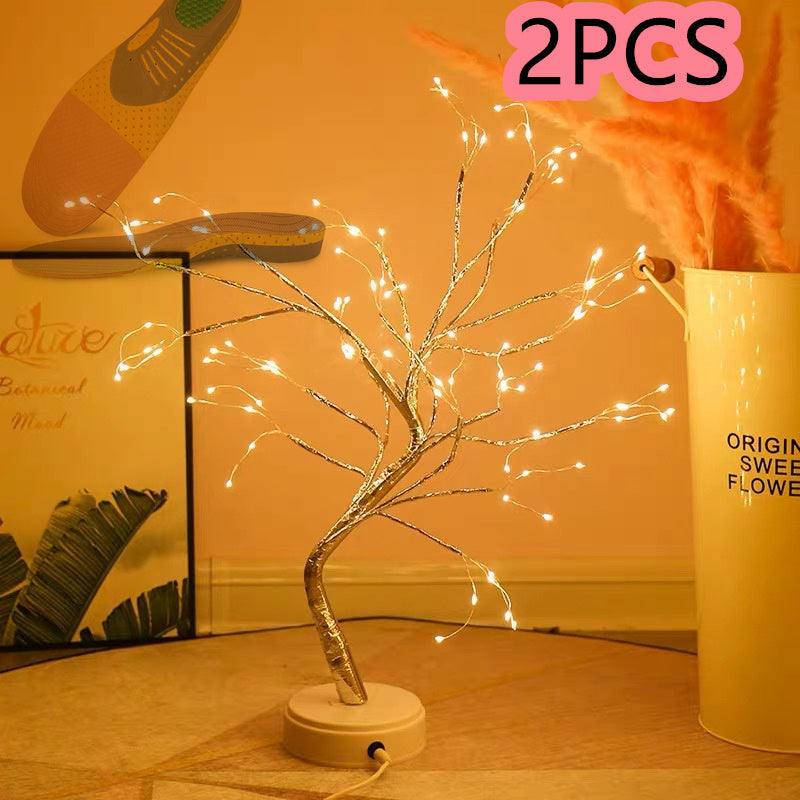 LED copper wire light shaped like a small illuminated tree with warm white lights on a round base, suitable for bedroom decoration
