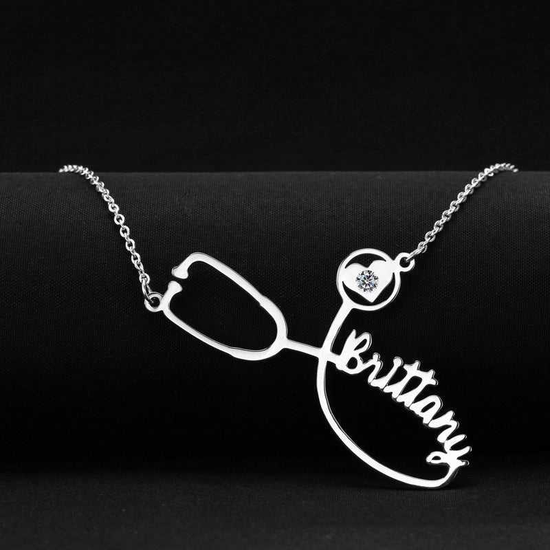 Customized stainless steel stethoscope name necklace for women, medical jewelry gift.