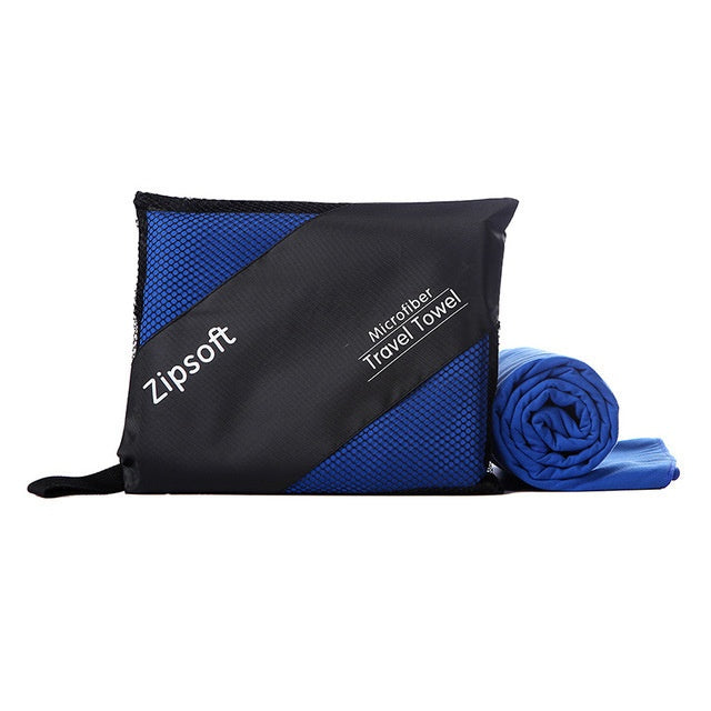 Superfine fiber exercise towel in carry pouch.