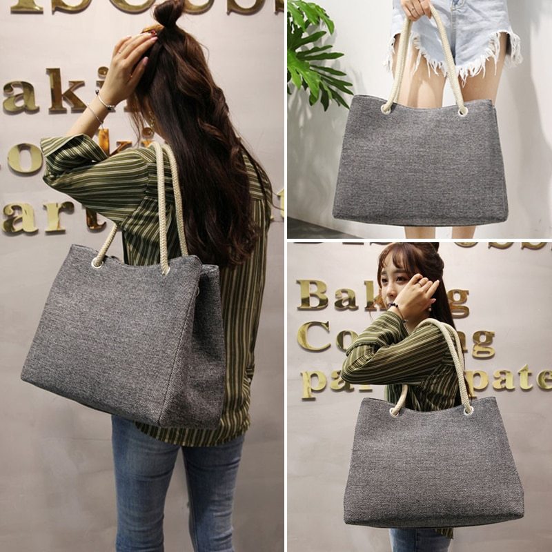 Large capacity Korean-style women's cotton shoulder bag with woven design and soft handle.