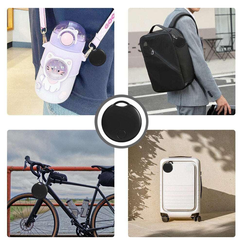 Bluetooth GPS tracker attached to various items like bag, bike, and luggage for easy location tracking.
