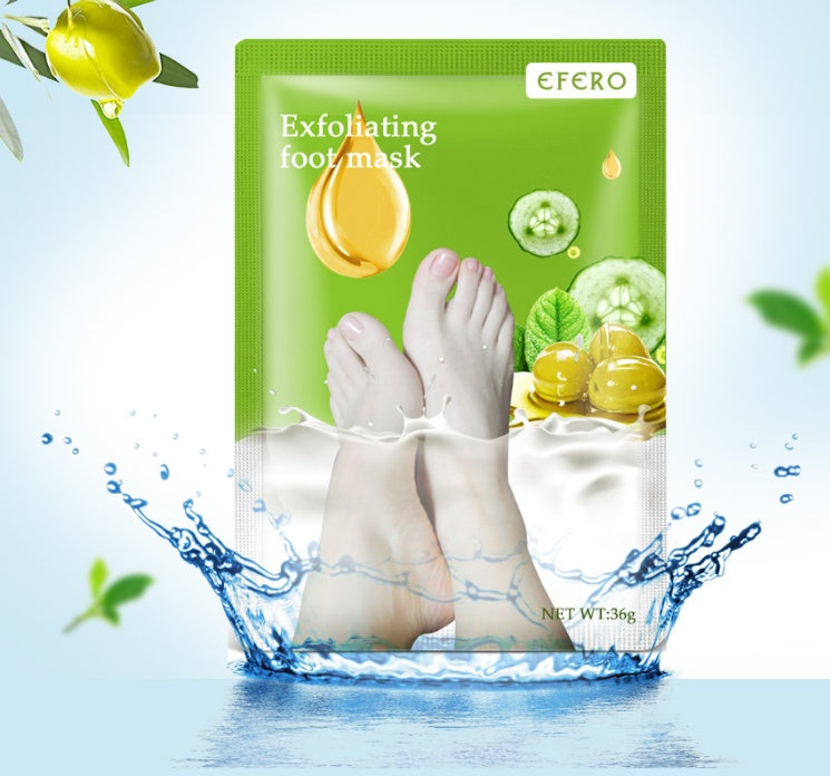 Exfoliating Foot Mask packaging with water splash and fruit graphics.