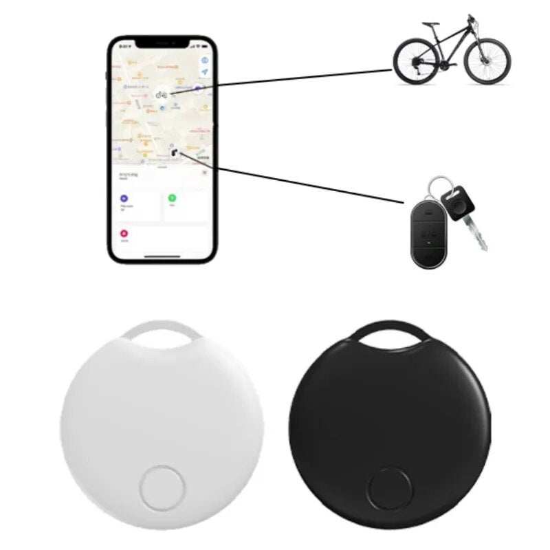 Bluetooth GPS tracker compatible with Apple Find My for locating items like bikes and keys, shown in black and white versions next to a smartphone map display.