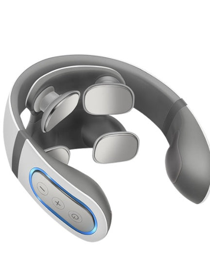 Wireless electronic neck massager with control buttons and 4D shiatsu design.