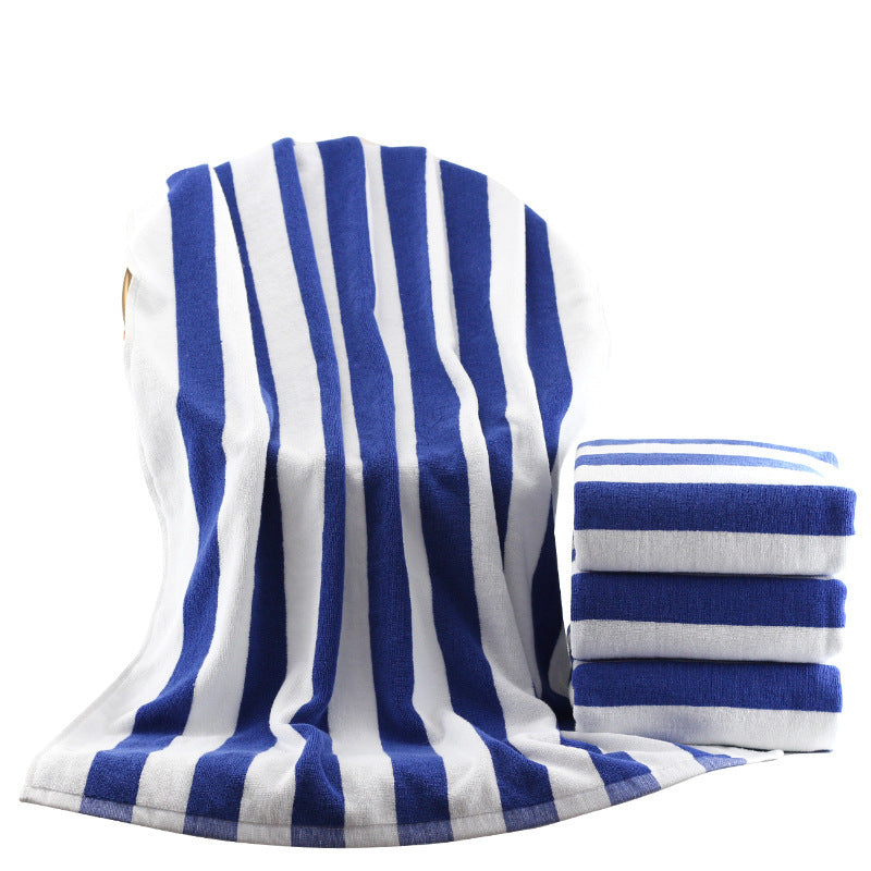 Blue and white striped cotton yarn-dyed jacquard beach bath towel, 75x152cm.
