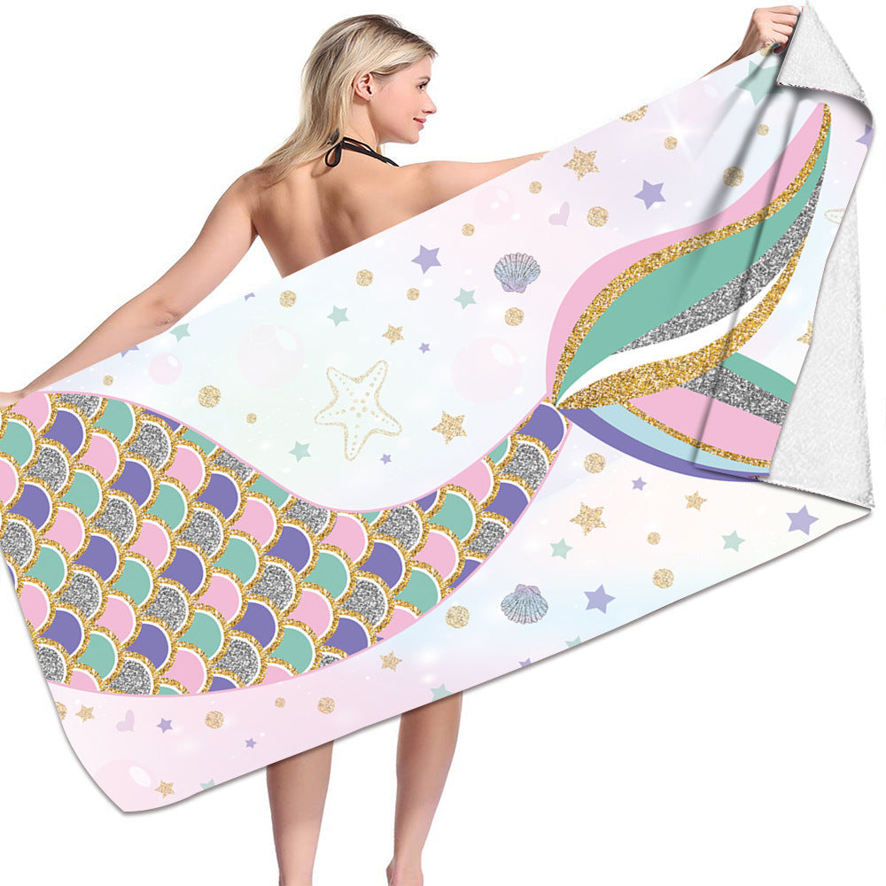 Microfiber bath towel with mermaid design, featuring colorful scales and seashells.