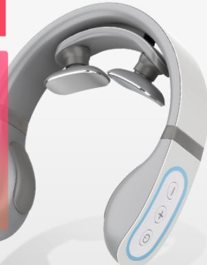 Wireless electronic neck massager with control buttons and ergonomic design.