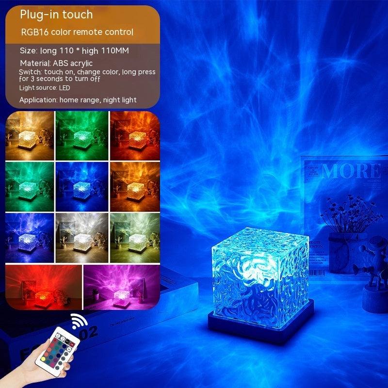 LED Water Ripple Ambient Night Light with 16 RGB Colors, USB Rechargeable, Remote Control, Rotating Crystal Table Lamp for Home Decoration