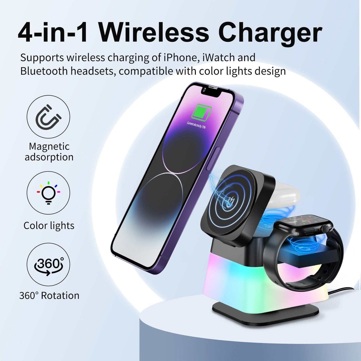 4 in 1 rotatable wireless charger stand with colorful lights for iPhone, iWatch, and AirPods.