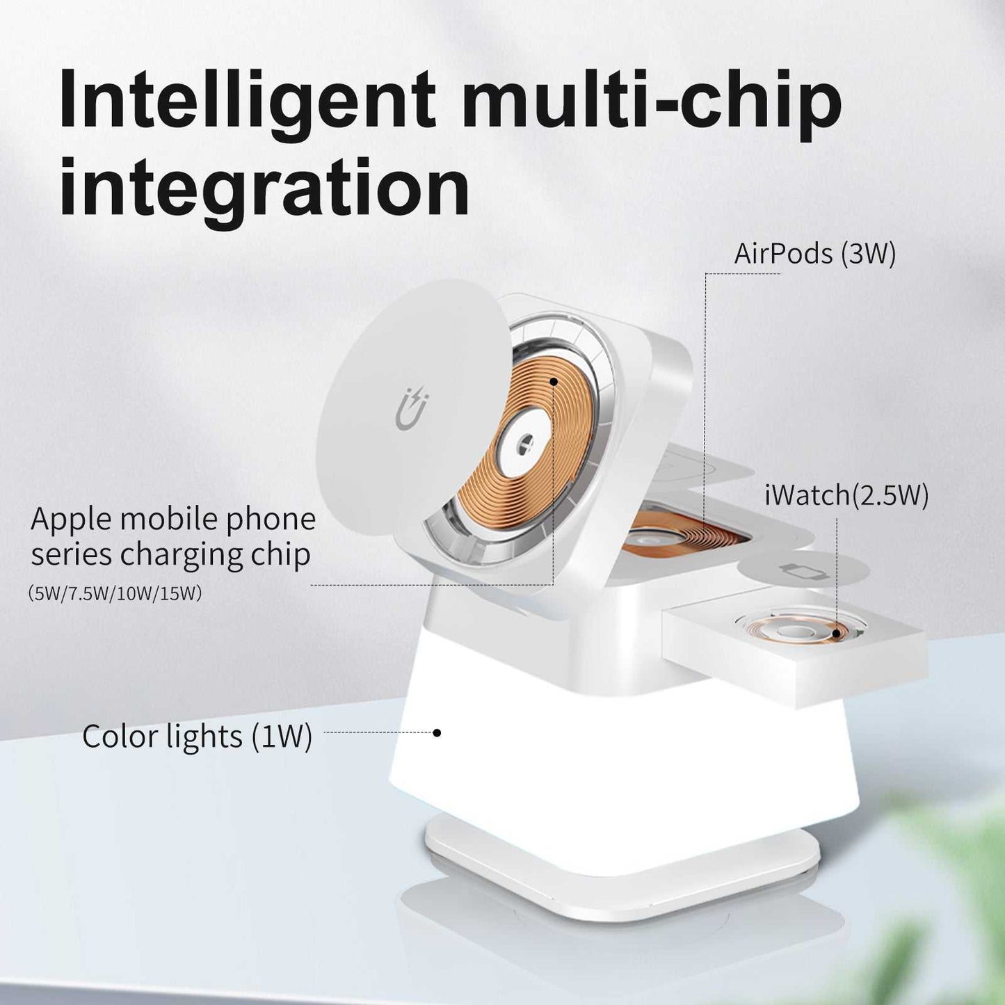 4 In 1 rotatable wireless charger stand with magnetic fast charging for iPhone, Apple Watch, and AirPods, featuring adjustable night lamp.