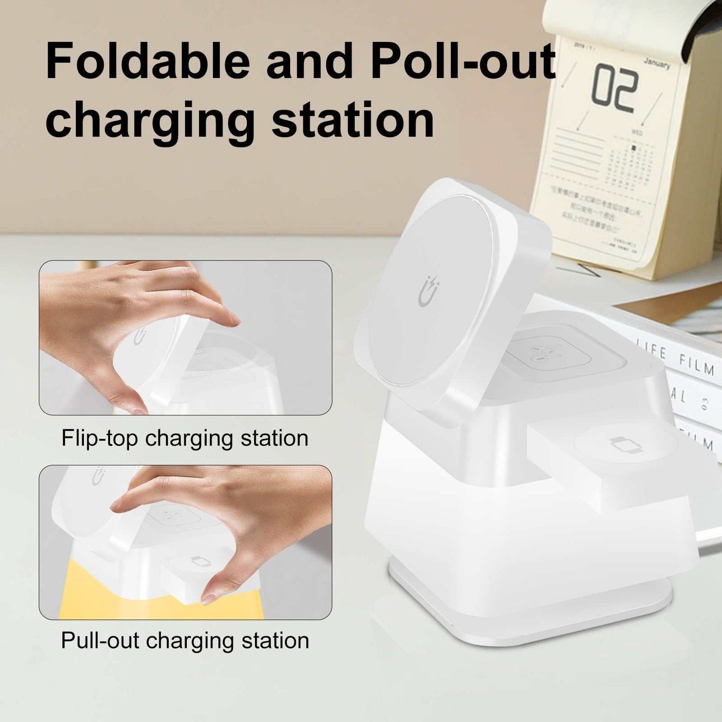 Foldable wireless charger with flip-top and pull-out functions for versatile charging.