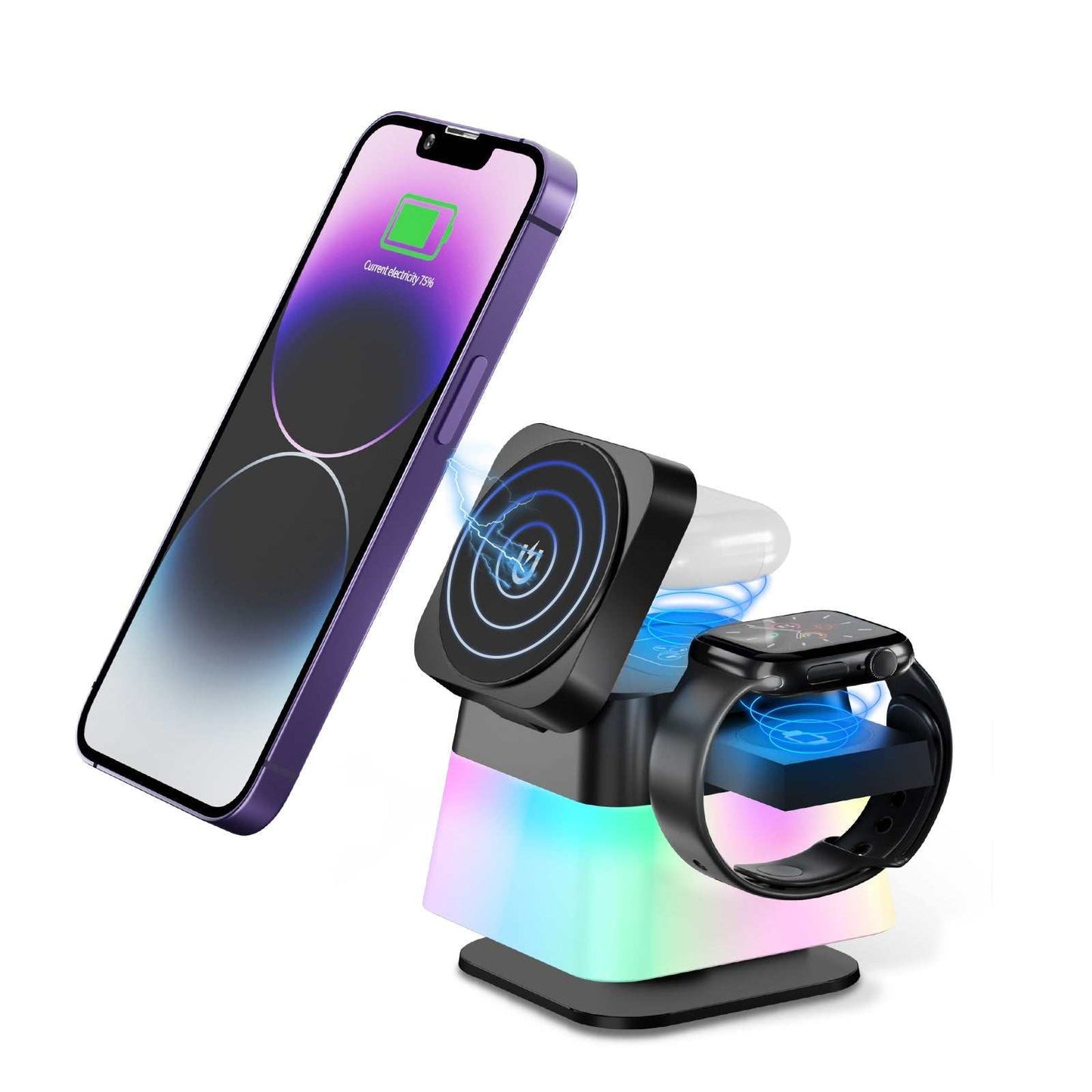 4 In 1 rotatable wireless charger stand with colorful lighting for iPhone, Apple Watch, and AirPods.