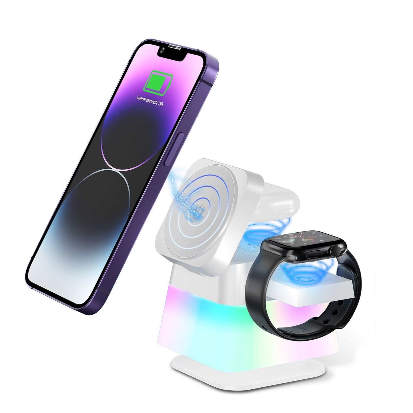 4 in 1 rotatable wireless charger stand with colorful lighting, charging phone and smartwatch.