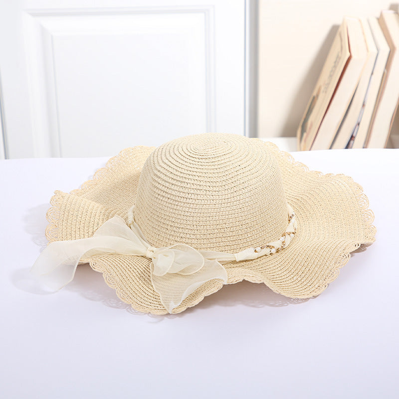 Big Eaves Beach Seaside Travel Sun Hat with Pearl Chain Ribbon and Wide Brim.