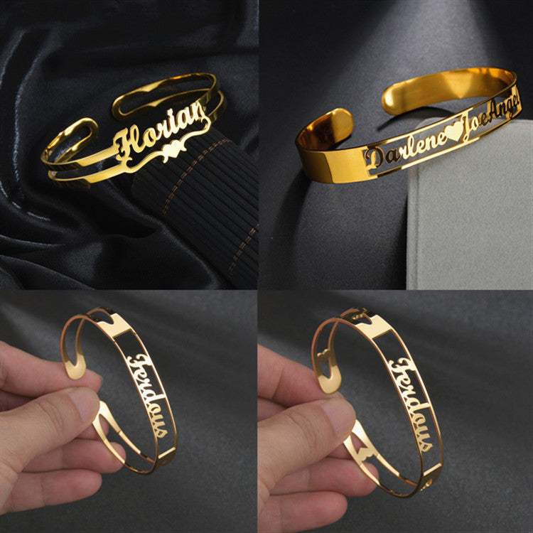 Customized name bracelet in gold finish, features personalized cutout names, crafted from stainless steel.
