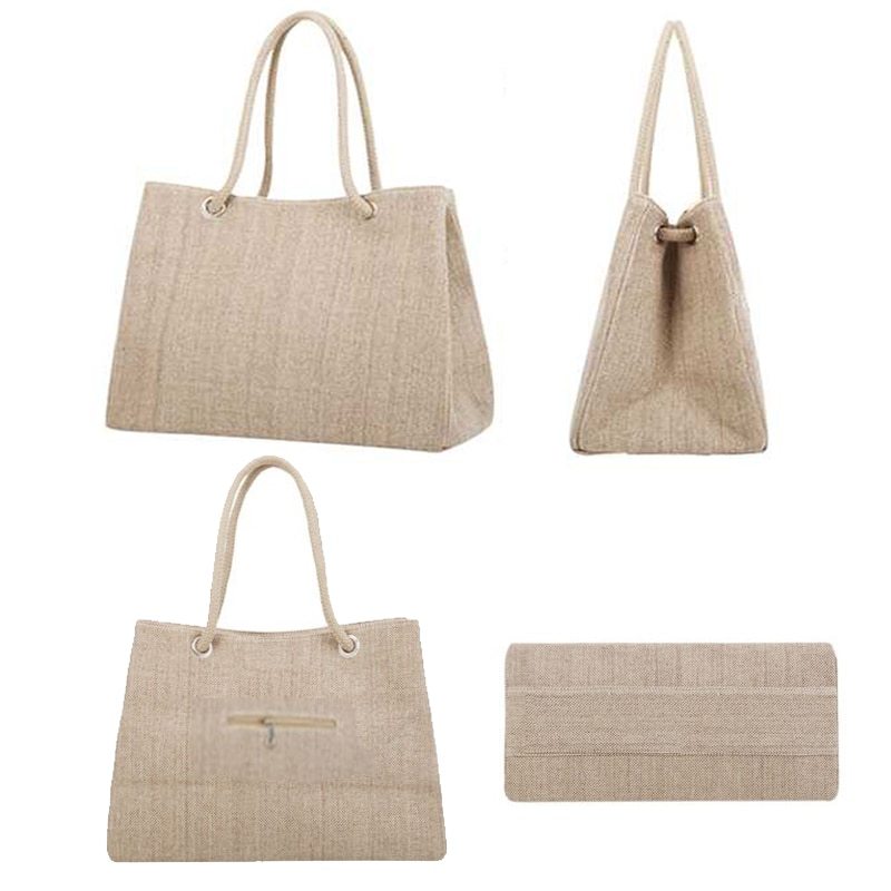 Large capacity women's shoulder bag in beige linen and cotton, featuring soft handles and woven design.