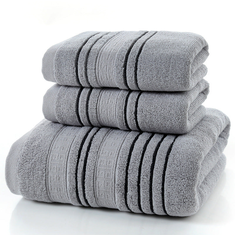 Gray cotton bath towel set, soft and skin-friendly, includes various sizes.