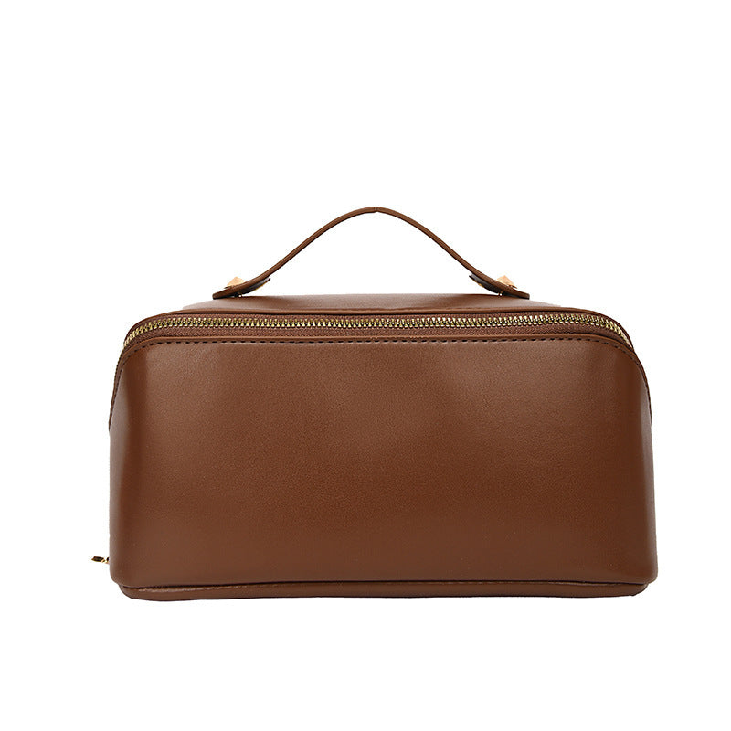 Cosmetic Bag Women's Large Capacity in Dark Brown PU Leather