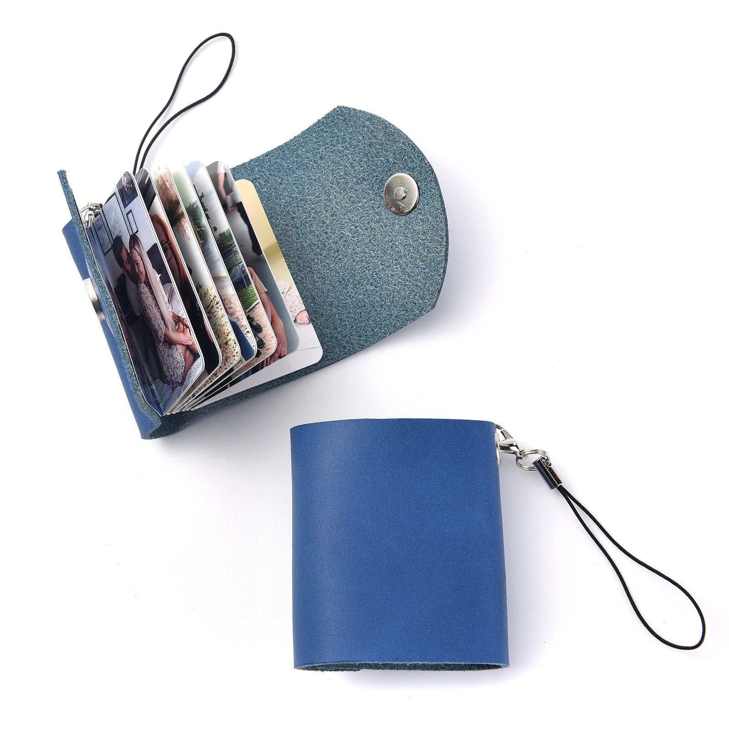 Mini Leather Photo Keychain with envelope design, holds 10 photos, blue color, ideal for personalization.