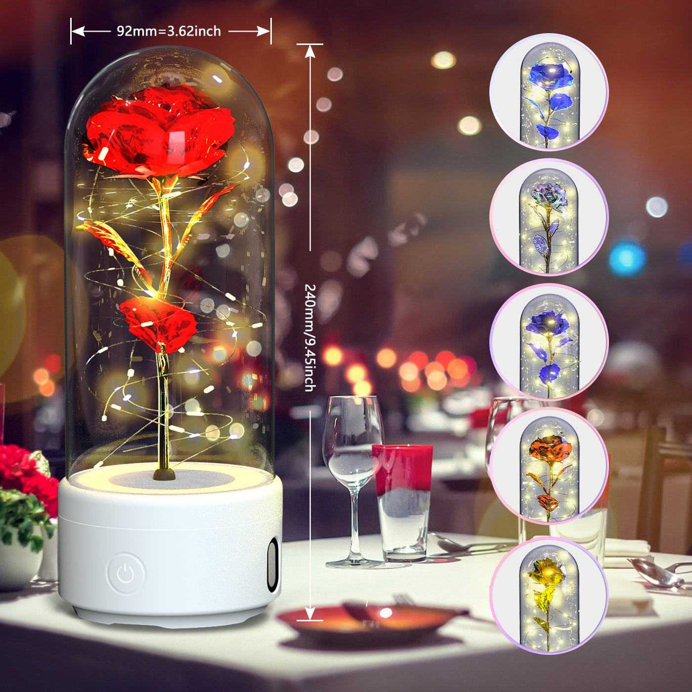 Creative 2 in 1 rose flowers LED light and Bluetooth speaker in glass cover with multicolor options for romantic decoration